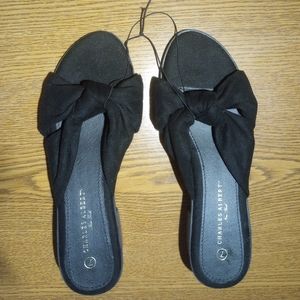 Black Charles Albert open toe; short heeled sandal.